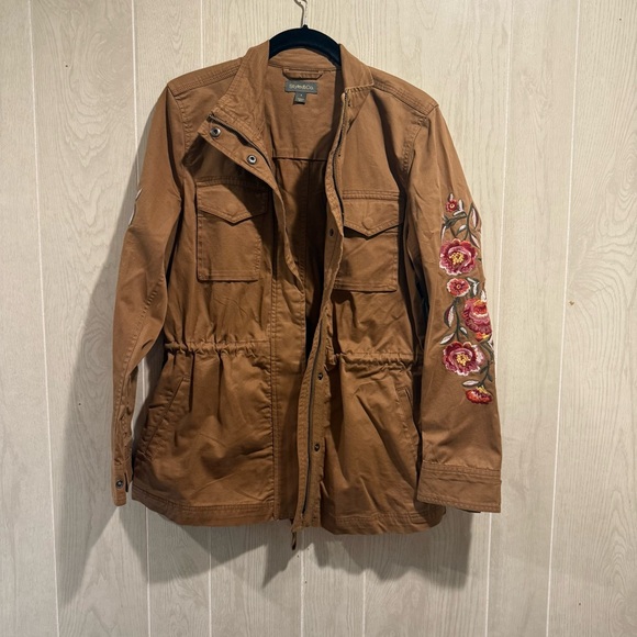 NWT Brown Utility Jacket with Floral Embroidery, Cinched Waist- S - Picture 1 of 7